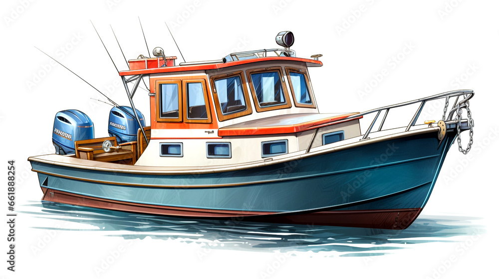 Naklejka premium Explore the world of fishing with a close-up view of a fishing boat equipped with fishing rods, ready for an outdoor fishing adventure.