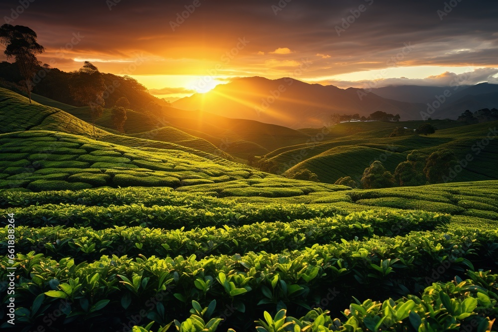 Beautiful landscape view of a vast tea plantation during sunset or sunrise.