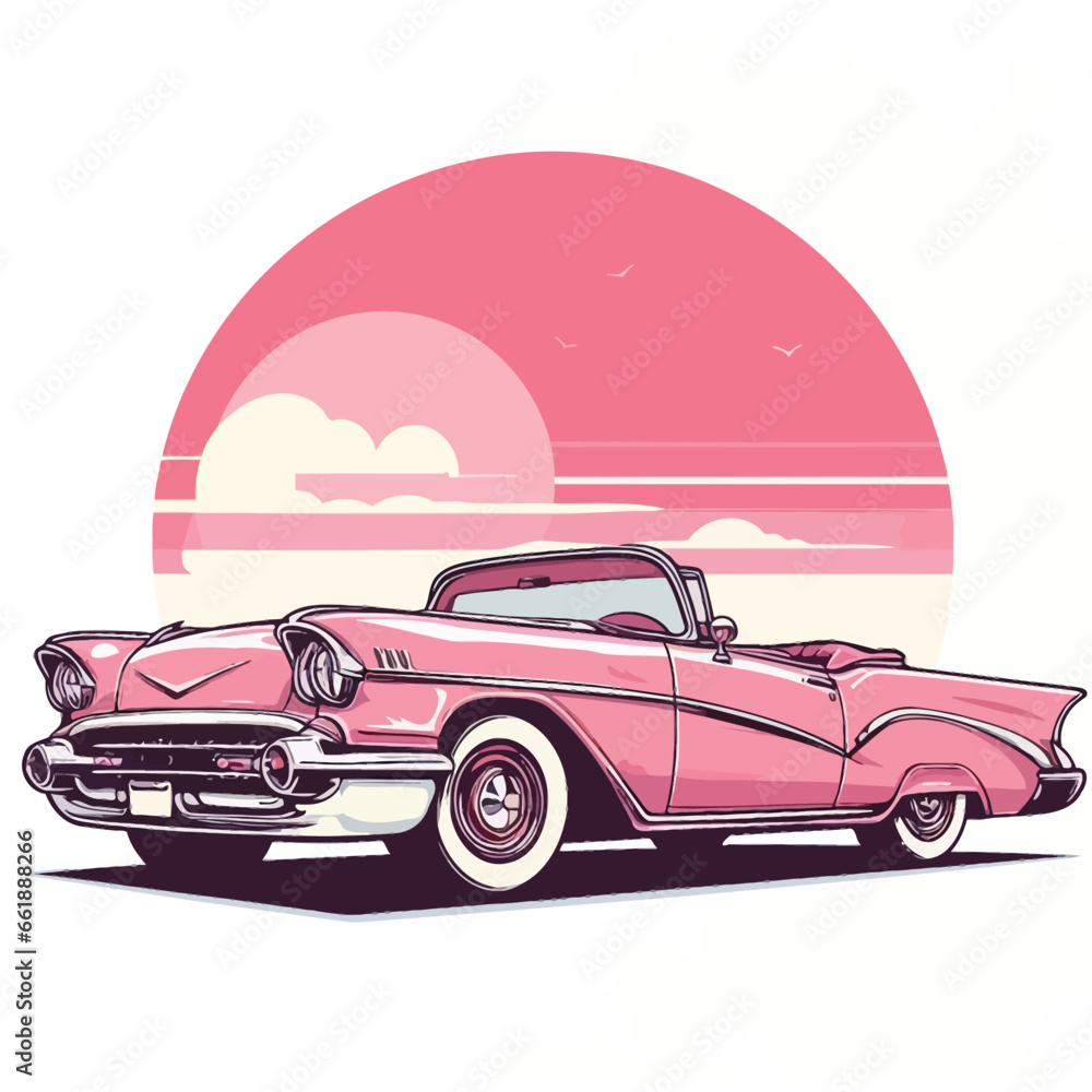 Vector illustration of a pink classic convertible retro car - obrazy, fototapety, plakaty 