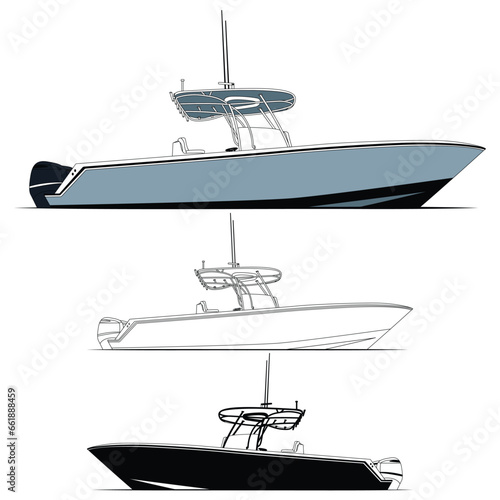 Side view fishing boat vector line art and one color