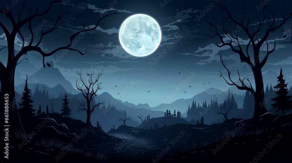 Step into a peaceful Halloween night, basked in the light of the full moon and the tranquil beauty of a clear night sky. Step into a peaceful Halloween night, basked in the light of the full moon and the tranquil beauty of a clear night sky.