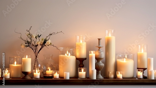 Infuse warmth and ambiance into your home with a variety of candles on a mantelpiece. Elevate your decor and create a cozy atmosphere.