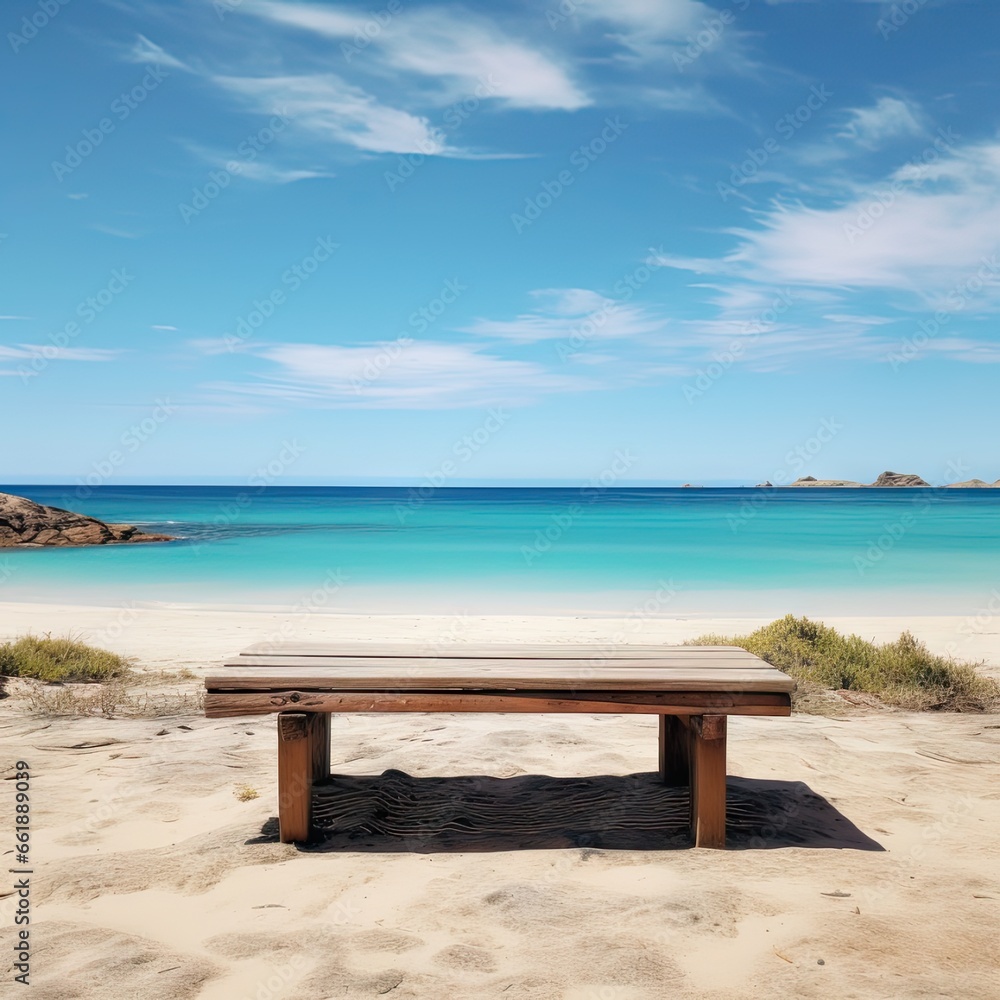 Empty wooden table and beach on a clear day