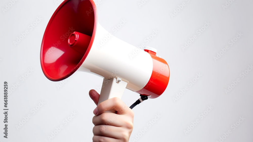 Discover the symbolic power of a loudspeaker and amplification in communication with a close-up view of a hand holding a megaphone icon. Discover the symbolic power of a loudspeaker and amplification in communication with a close-up view of a hand holding a megaphone icon.