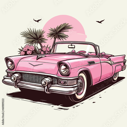 Vector illustration of a pink classic convertible retro car