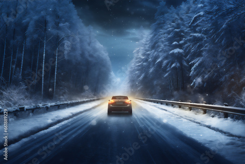 highway in winter in deep forest, giant trees, twig framing, snow falling, red car on the road, beautiful dreamy light, hyper realistic, © Maizal