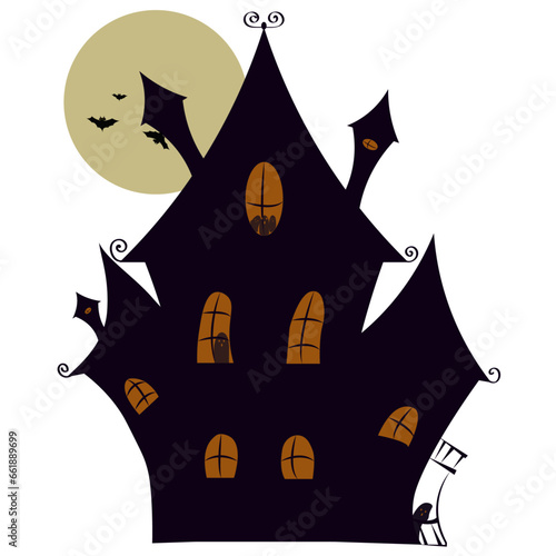 Halloween horror house. Castle Halloween with transparent background. Haunted house with ghosts, spooky full moon and bats
