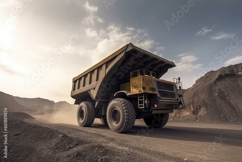 Heavy-duty mining truck hauling ores or coal at a mining site. Generative AI © Nova