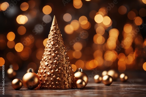 Golden christmas tree on bokeh background. Christmas and New Year concept. A Cozy Chocolate Christmas Background with Bokeh Lights and Christmas Tree. 