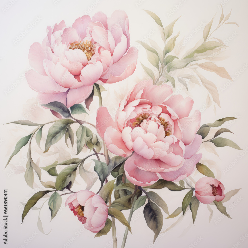 Pale pink peonies on an elegant, fresh watercolor background, vivid, colorful illustration.