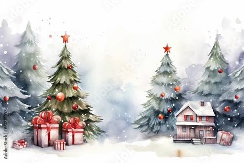 Winter background. Hand painted watercolor drawing for Christmas and Happy New Year season. Background design with copy space for invitation, cards, social post, ad, cover, sale banner and invitation. © Tetiana