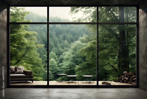 Interior of modern living room with wooden floor and panoramic window overlooking green forest