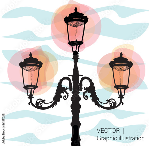 A vector illustration of a hand drawn Venetian street lamp with vector shapes for light and background. Add your own text