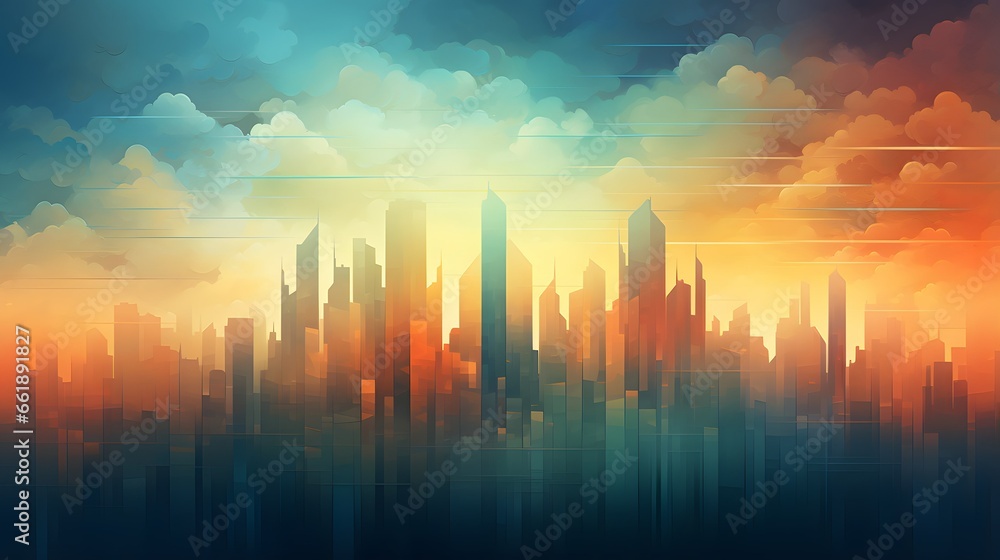 Abstract city view of skyscrapers colorful gradient geometric atmosphere desktop wallpaper background, ai generated 