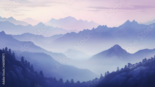 Misty morning light foggy dreamy atmosphere with mountains desktop wallpaper background  ai generated 