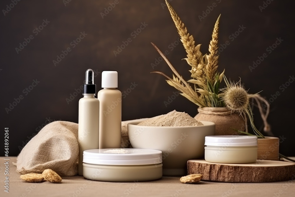 Concept of natural cosmetics. Cosmetic bottles and jars with cosmetic natural ingredients.