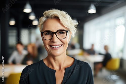 Portrait of a European forty year old happy female manager in office background. photo