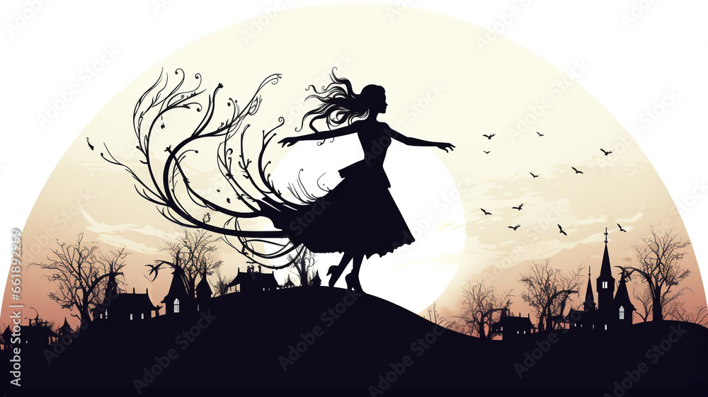 Experience a spine-tingling Halloween with Spooky Silhouette Witches and Broomsticks, where witchy wonders and broomstick magic come to life at the costume party. - obrazy, fototapety, plakaty 
