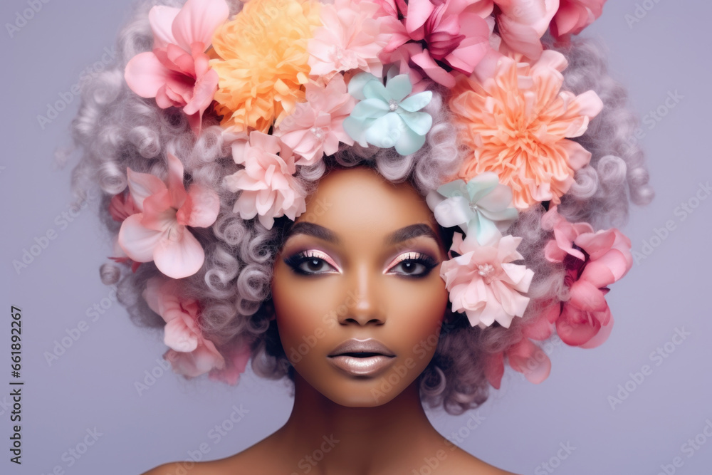 Portrait of a cute African American woman with her hair decorated with flowers in pastel colors on a pastel lilac background.