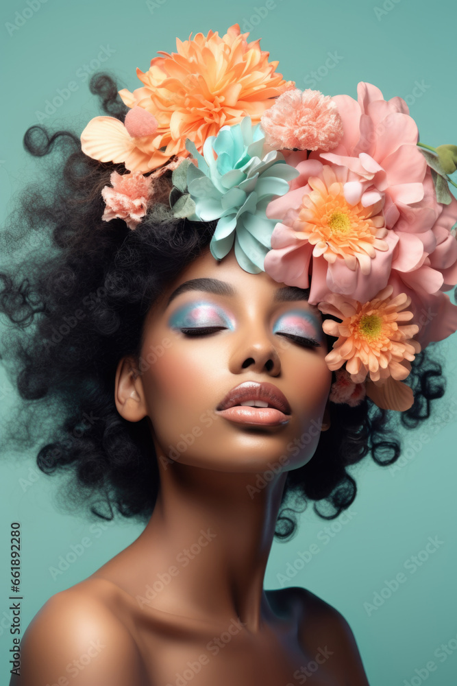 Portrait of a cute romantic African American woman with her eyes closed with colorful flowers in her hair on a pastel blue background.