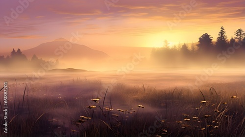 Gradient pastel nature foggy field valley desktop wallpaper background, ai generated
