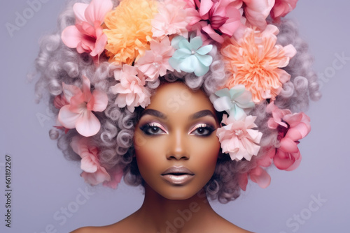 Portrait of a cute African American woman with her hair decorated with flowers in pastel colors on a pastel lilac background.