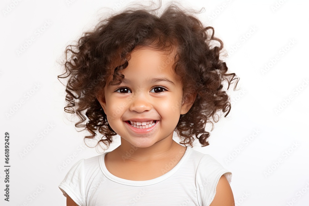 Curly-haired child with bright smile on white background. Close-up portrait with focus on facial expression. For child model campaigns. Curly-haired child with bright smile on white background. Close-up portrait with focus on facial expression. For child model campaigns.