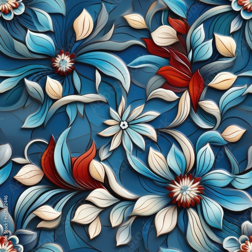 A blue and red floral design on a blue background. Seamless pattern.