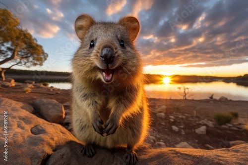 Sunset view with Quokka on sandy beach. Unique wildlife moments. photo