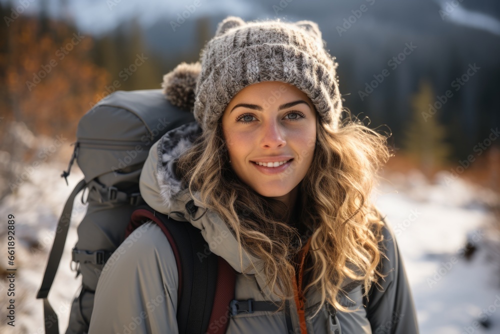 A woman wearing a hat and a backpack in the snow. Winter sports.