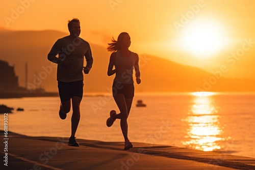 Jogging workout. Silhouette of a young couple during jogging workout on the beach at sunset.