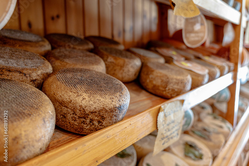 Italian cheese shop. Italian cheese made with sheep's milk. Pecorino.