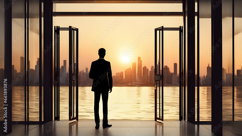Fototapeta premium back view business man standing at Building channel at sunset, Confident Businessman Standing at Open Bright Light Door. Business man Silhouette Stands in Shiny Open Gate with blur city background
