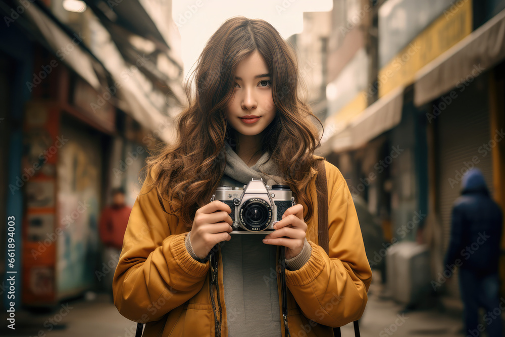a girl using a camera to take picture