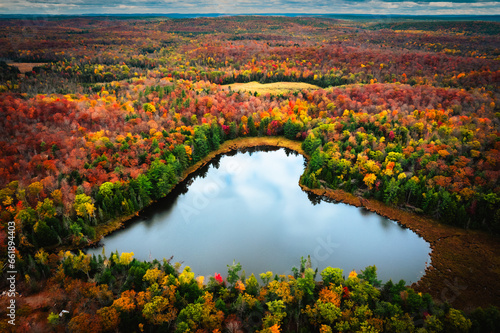 Fall Landscape Drone Shot of Heart Lake Amidst Autumn Splendor- Ompah, Ontario