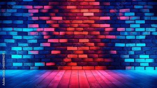Brick wall textured with blue red and purple neon glow light  electric and grunge style dark futuristic brick wall background.
