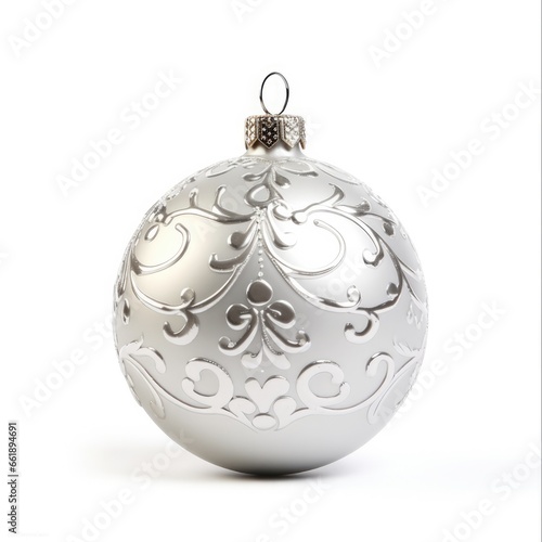 Ornament White. Silver Christmas Bauble Isolated on White Background. Celebrating Christmas and New Year Holidays in December.