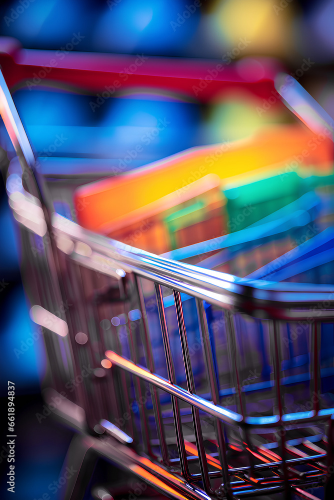 Close-up of a shopping cart with metal handles. Concept of shopping, consumerism, store, discounts, black friday