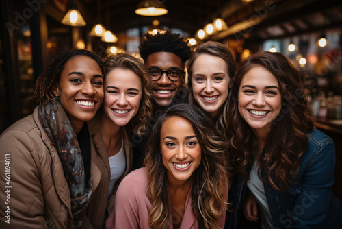 Group of young people friends or colleague smiling and selfie at restaurant, Christmas or new year party concept. © Sunday Cat Studio