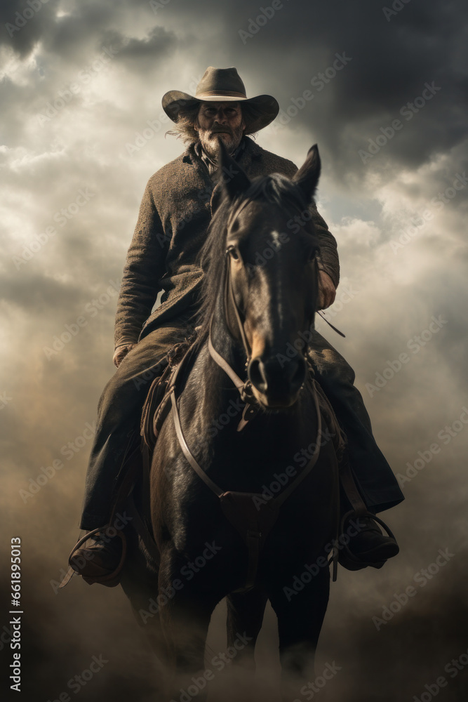 Abstract image of cowboy riding on a horse against colorful sunset sky. Silhouette of rider in cowboy costume sit on powerful and smart horse on sunrise background. Abstract image of cowboy riding on a horse against colorful sunset sky. Silhouette of rider in cowboy costume sit on powerful and smart horse on sunrise background.
