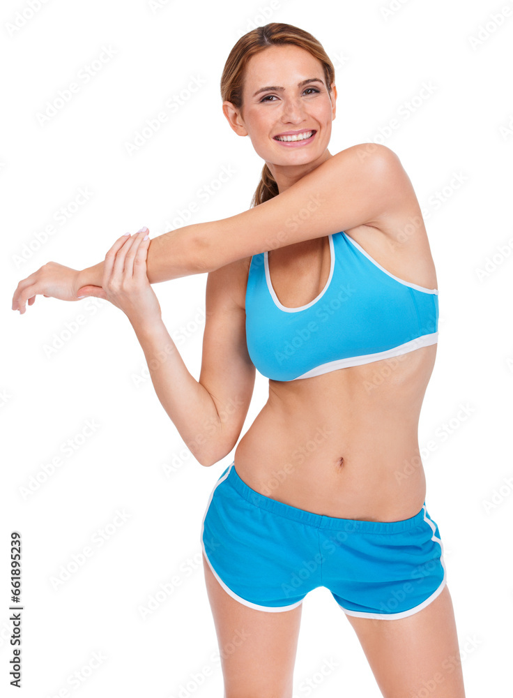 Exercise, portrait and happy woman stretching body in studio for wellness, training or workout on white background. Fitness, face and female athlete with arm stretch for gym, sports and flexibility Exercise, portrait and happy woman stretching body in studio for wellness, training or workout on white background. Fitness, face and female athlete with arm stretch for gym, sports and flexibility