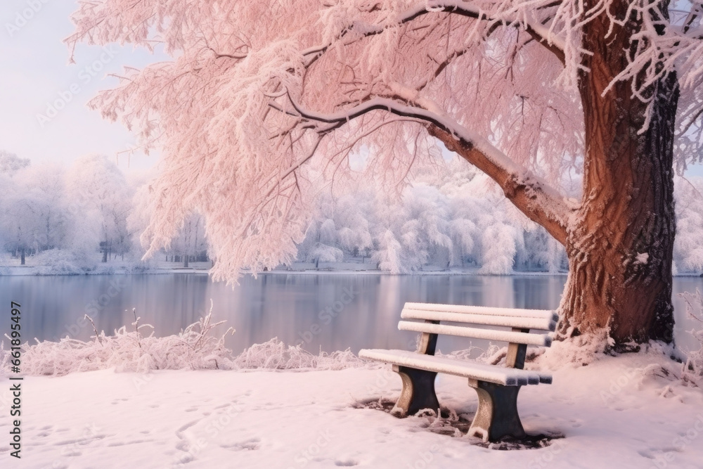 Bench in the city snow covered winter park with a lake and beautiful trees in frost in morning. Generative AI