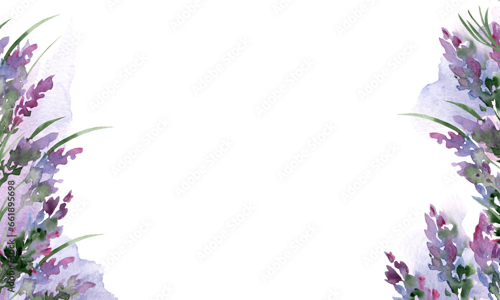 Watercolor abstract illustration of lavender. Delicate lilac hand drawn horizontal banner with free space for text