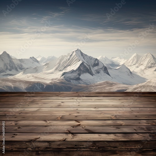 Empty wooden table and snowy mountains. Created by AI photo