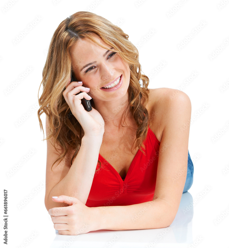 Woman, mobile communication and phone call in studio for discussion, gossip and contact on white background. Happy model talking on smartphone, social networking and thinking of conversation on floor Woman, mobile communication and phone call in studio for discussion, gossip and contact on white background. Happy model talking on smartphone, social networking and thinking of conversation on floor