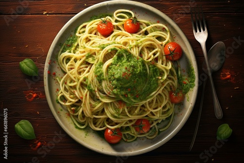 Modern plate of spaghetti with pesto as pasta illustration. Generative AI