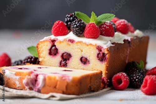 Sliced berry cake with icing and fresh berries on top on a wooden board. Generative AI