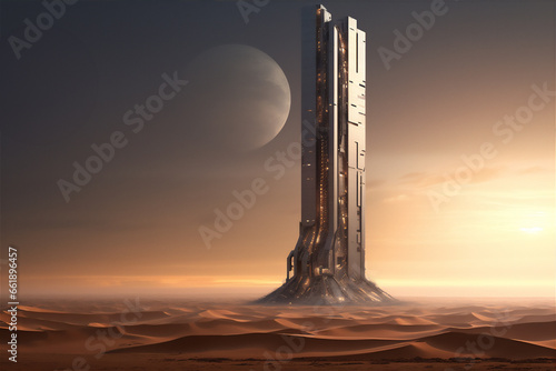  futuristic skyscraper in the arabian desert in sunset  silver building.