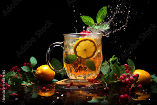 Tea in transparent cup with mint, orange and ginger with spices. Generative AI