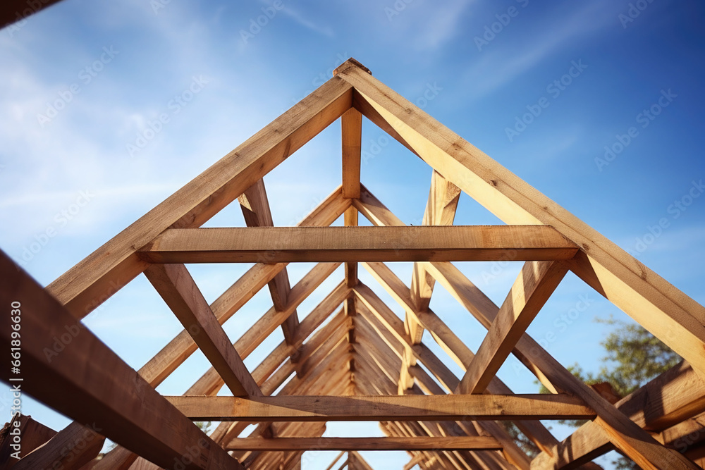 Wood roof trusses constructed with construction framing beams timber. Generative AI - obrazy, fototapety, plakaty 